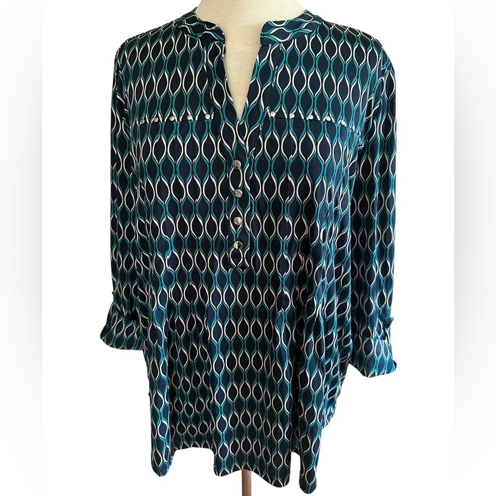 COCOMO XL Blue White Studded 3/4 sleeve women’s Pintuck Blouse top shirt - Picture 4 of 12
